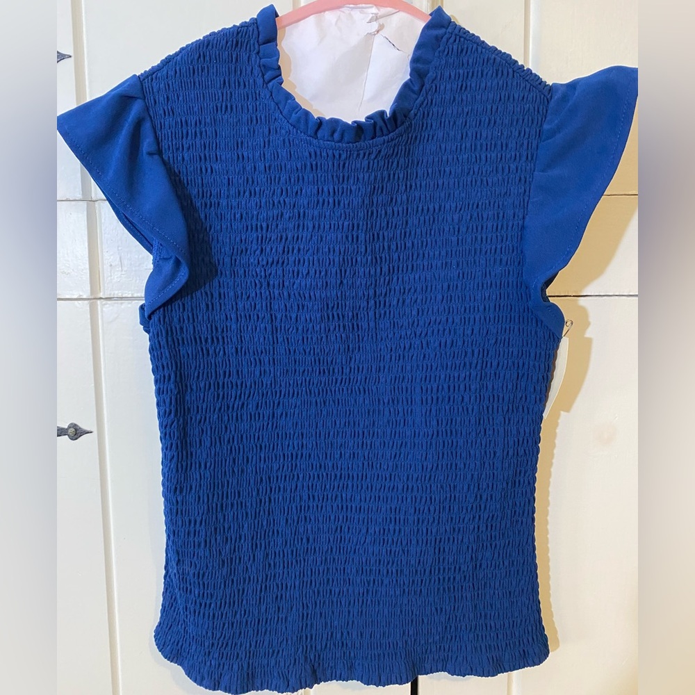 Aqua Royal Blue Smocked Short Sleeve Top with Ruffle Detail. Size: S